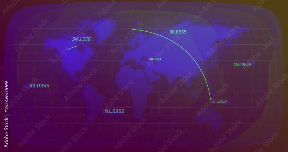 Poster on map load, flat world map connecting continents with shifting glowing arcs showing data flows