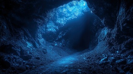 Underwater cave exit, sunlight, ocean floor, exploration
