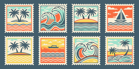 Collection of Retro Style Summer Themed Postage Stamps Featuring Tropical Islands Waves Sailboats and Boats on a Dark Blue Background