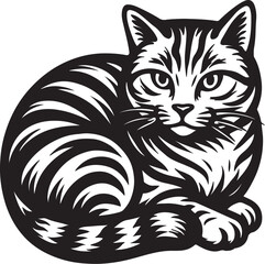 Black and white vector illustration of a cat sitting curled up.