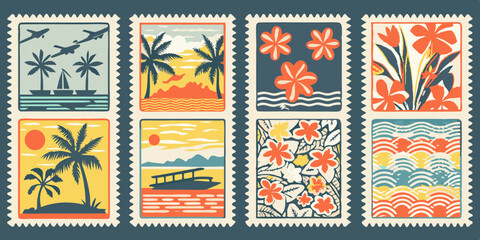 Collection of Tropical Themed Postage Stamps Featuring Palm Trees Flowers Airplanes Boats and Waves in a Retro Style Design