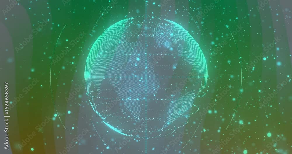 Poster sequence start pulsing 3d globe rotating shifting green wrapping orbital lines showing data flow