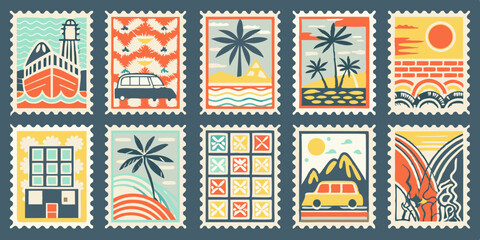 Collection of Retro Travel Stamps with Tropical Beach Car Lighthouse and Surfboard Designs in a Vintage Style for Souvenirs