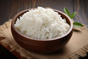 Thai Jasmine rice in wooden bowl on wood background