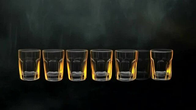 A row of six glasses are lined up on a table
