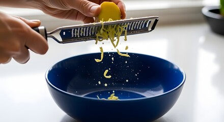 Person grating ginger over a blue bowl with a metal grater in a bright kitchen light