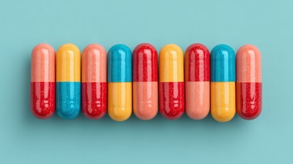 Fototapeta premium Colorful Capsules Pills on Blue Background in a Row