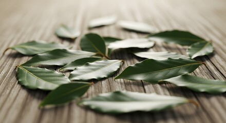 Close up shot of scattered green bay leaves on a rustic wooden surface in soft light