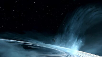 A cosmic scene of a swirling ring system with a planet and a radiant light burst in a dark starfilled sky (AI Video) - Powered by Adobe
