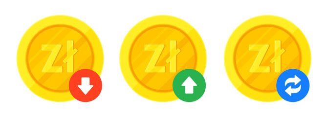 Set of Polish złoty sign (zł) gold coins, arrows for increase, decrease, transaction. Finance, currency, fluctuation, PLN exchange concept. Flat vector illustration isolated on a white background