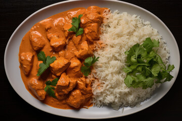 Top view of homemade Indian butter chicken with rice on a plate captured from above