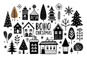 Fototapeta premium Hand drawn boho christmas trees and houses design isolated on transparent background
