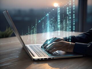 Hands typing on a laptop with futuristic binary code and data graphics emerging, symbolizing digital innovation, coding, programming, or virtual analytics in a modern tech workspace.
