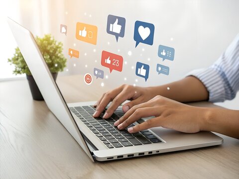 Person typing on laptop with floating social media icons, including likes, comments, and hearts. Engaging online communication concept for marketing, interaction, or content sharing visuals.