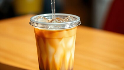 Iced coffee in a disposable cup, condensation visible,  delicious,  condensation