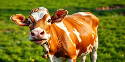 Happy cow with big eyes, smiling, wearing a bell, standing in a green pasture,  funny,  nature