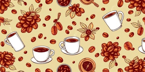 Hand-drawn vintage coffee seamless pattern featuring coffee beans, cups, and cafe elements, seamless,  hand-drawn