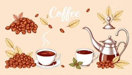 Hand-drawn vintage style coffee vector set; illustrations include beans, cups, pots, and leaves,  element,  design