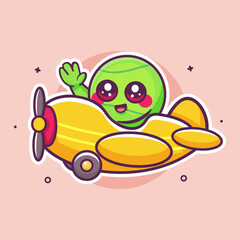 cheerful tennis ball character mascot flying an airplane isolated cartoon