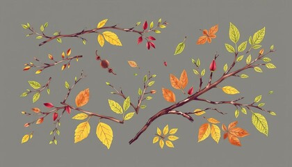 Hand-drawn vector illustration of various tree branches, twigs, and leaves in a collected arrangement,  spring,  foliage