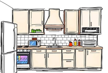 Hand-drawn sketch of kitchen cabinets, countertops, and appliances,  graphic design,  element