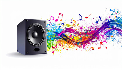 Colorful Music Notes Flowing from a Powerful Speaker System A vibrant illustration perfect for music related projects