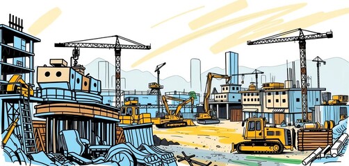 Hand-drawn vector illustration of a construction site with various equipment and buildings, sketchy style,  outline,  image