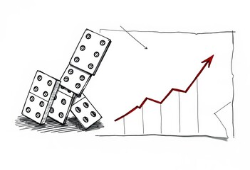 Hand-drawn sketch of falling dominoes, crumpled paper, and a downward trending graph,  down,  image
