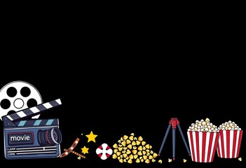 Hand-drawn movie icons; clapperboard, film reel, camera, spotlight, megaphone, popcorn,  doodle,  movie
