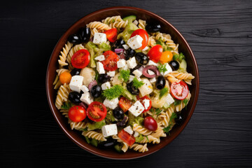 Top view of tomato broccoli black olive and feta cheese pasta salad