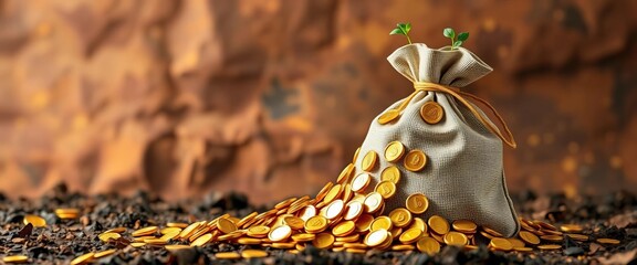 Growing money bag overflowing with gold coins on a rich background,   bond,  increase