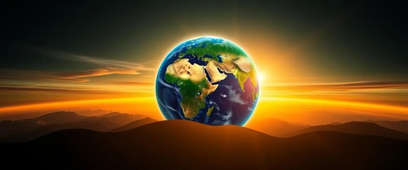 Green planet Earth rising above horizon, vibrant colors,  sustainability,   environmental issues