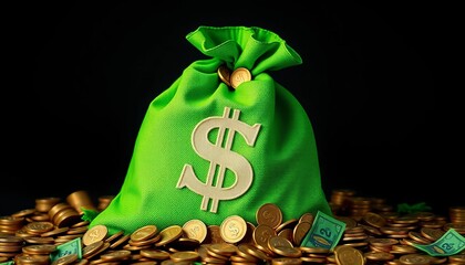 Green money bag with dollar sign, overflowing coins ,  currency,  assets