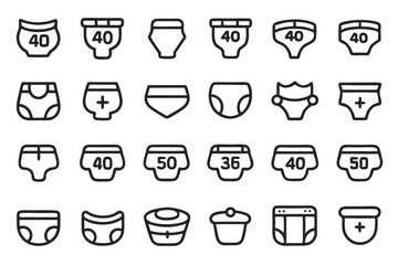 Editable stroke outline icons set of diaper features isolated on transparent background