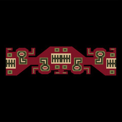 Naklejka premium Symmetrical native American design from ancient Peru. Wari or Huari culture. Indigenous ethnic border. On black background.
