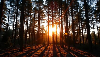 Obraz premium Golden sunlight filters through tall pines, casting long shadows on the forest floor at dusk, background, tranquil