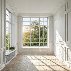 Obraz premium Bright Sunlight Room Interior: Large Window, White Walls, Hardwood Floor