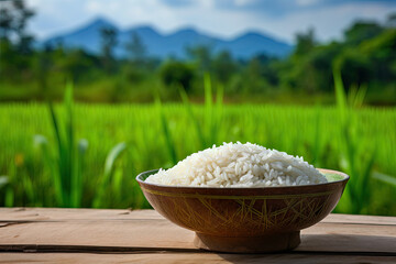 White rice in a bowl with ears on a table near a green field