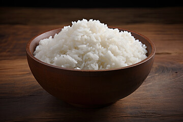 Wooden table with a bowl of white rice
