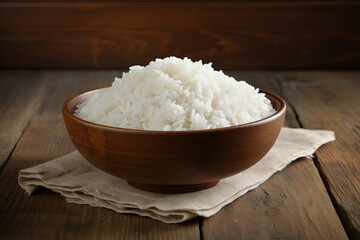 Wooden table with a bowl of white rice