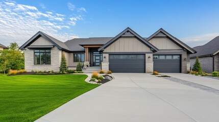 Modern farmhouse style home with landscaping