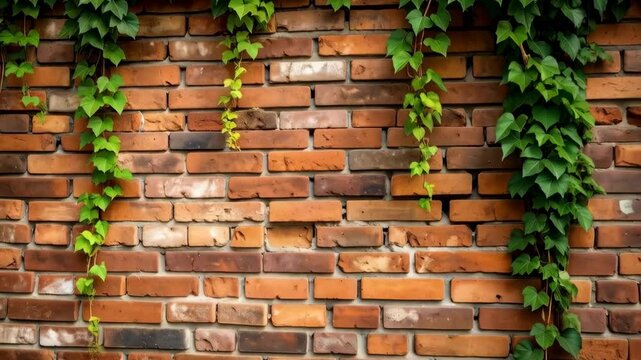 Textured brick wall covered by climbing ivy plant with green leaves cascading down in a natural vibrant pattern.