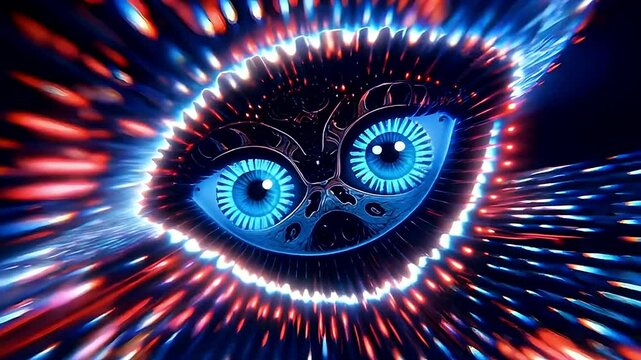 A blue glowing alienlike face with large eyes surrounded by shimmering multicolored lights (AI Video)