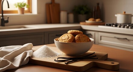 A bowl of cookies with sugar and vanilla beans on a wooden board in a kitchen setting