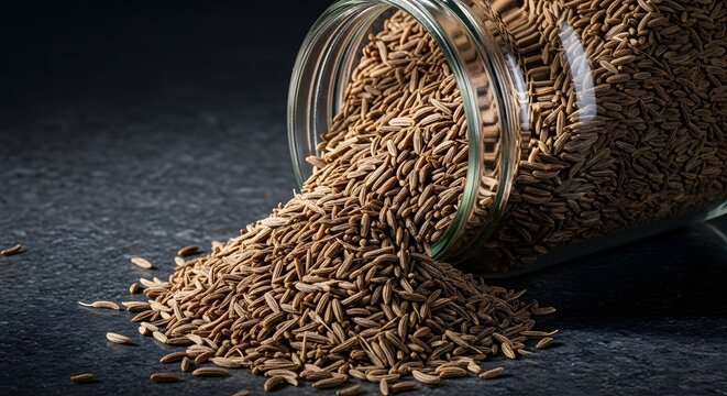 Close up of cumin seeds spilling from a glass jar onto a dark textured surface