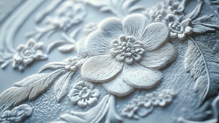 White embroidered floral lace fabric, showcasing detailed and delicate craftsmanship in a close-up view.