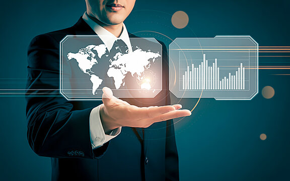 Global Vision: A distinguished executive, poised and confident, extends a hand to unveil the dynamic world of data analytics and global business strategies.