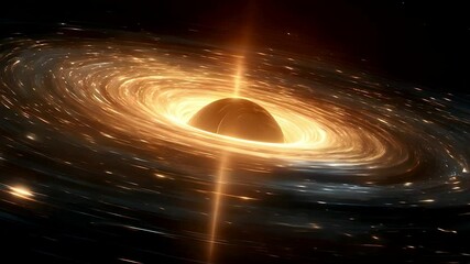Glowing swirling plasma surrounds a black sphere with a vertical beam in a dark cosmic setting (AI Video) - Powered by Adobe