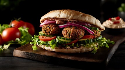 Delicious Falafel Sandwich with Fresh Vegetables Served on a Wooden Cutting Board
