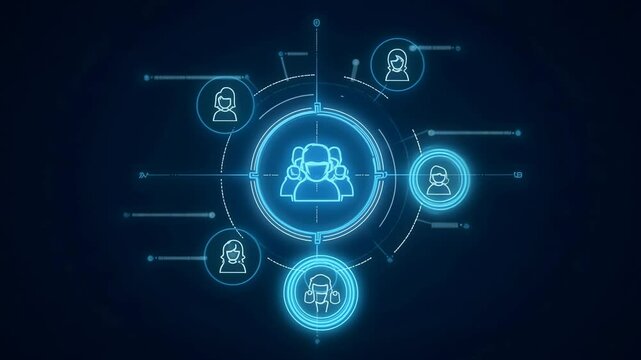 Digital Network of People.Business person analyzes data to identify customer target groups, refining marketing strategies.